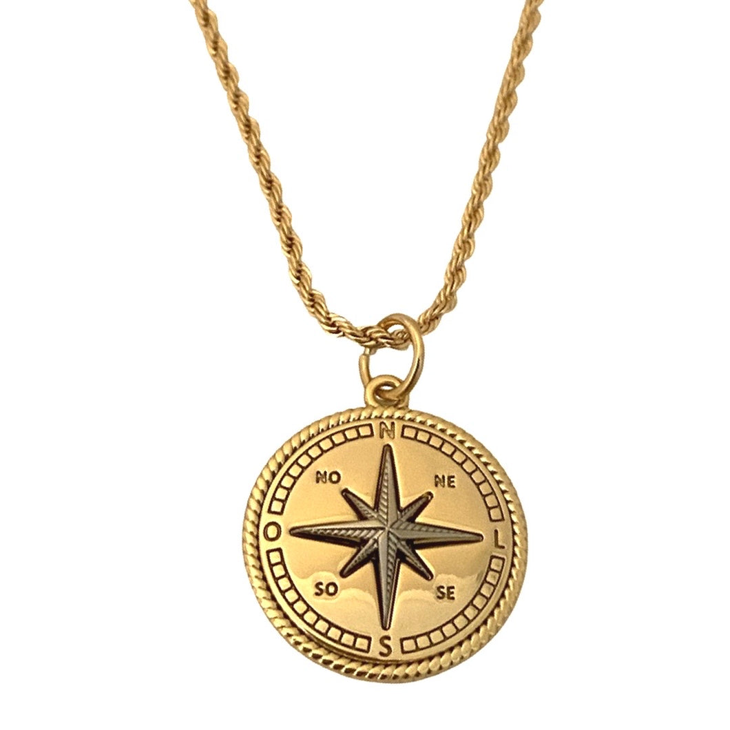 14K Gold Diamond Halo Compass Coin Necklace Charm