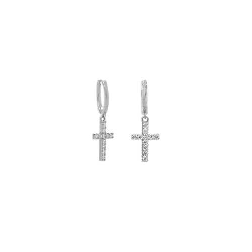 Huggie Hoop Earrings with CZ Cross - Silver