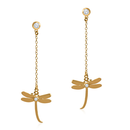 Dragonfly Chain Drop Earrings Gold